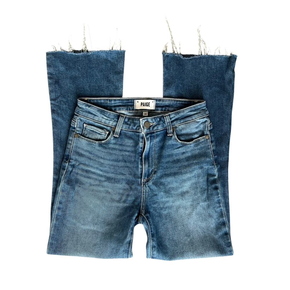 Paige Women’s Rory Crop Flare Jeans In Sylmar Blue Wash Raw Hem High Rise Sz 26 - Picture 3 of 12
